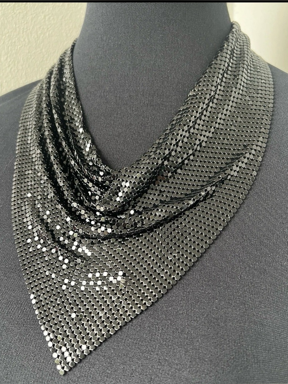 Rare true vintage Y2K heavy black chainmail mesh bib metal scarf necklace